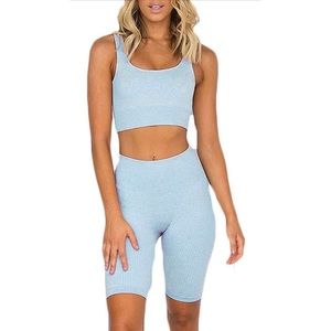 Ribbed Sport Bra w High Waist Shorts Workout Set
